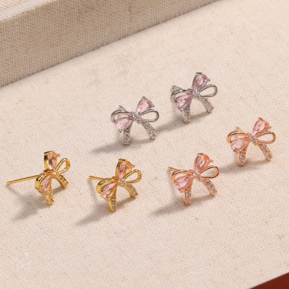 18K Gold Plated Pink Zircon Bow Earrings - Trendy INS Fashion Lightweight Studs for Women