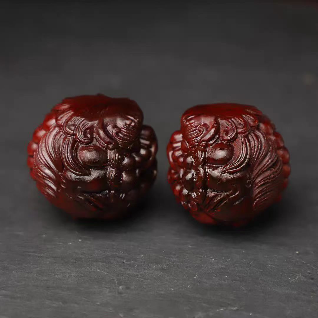 Red Sandalwood Hand Massage Health Balls - Pixiu Carved Wooden Stress & Acupressure Therapy Balls (Pair)