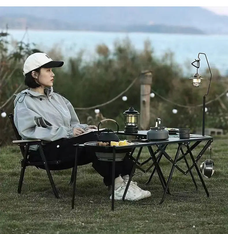 Portable Tactical Folding Camping Table - Heavy-Duty Iron Frame Outdoor Picnic Table with Storage Bag & Optional Light