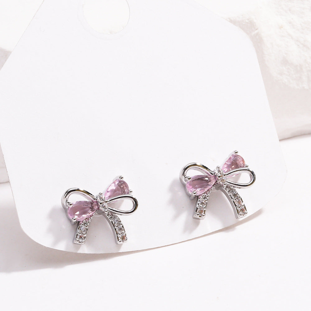 18K Gold Plated Pink Zircon Bow Earrings - Trendy INS Fashion Lightweight Studs for Women