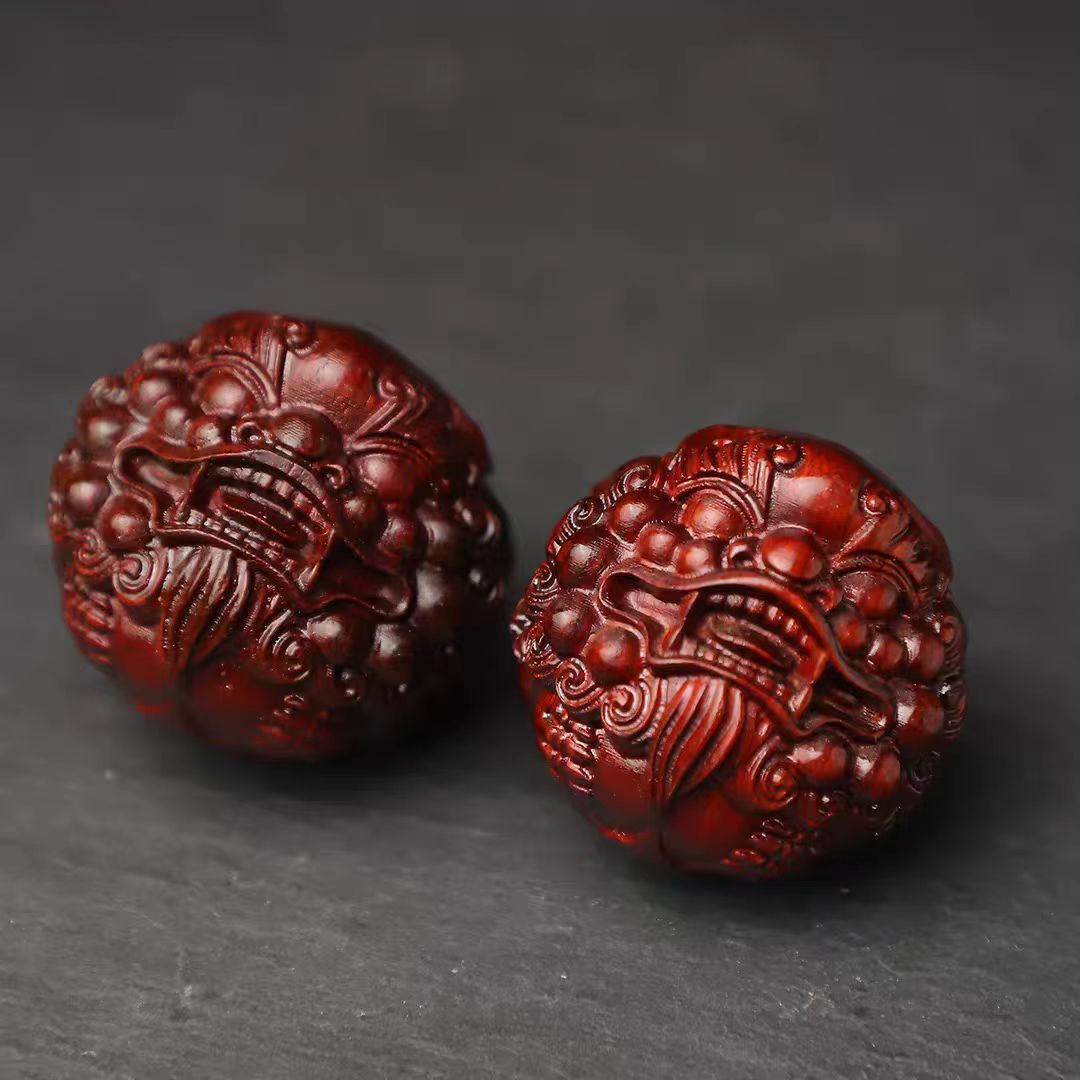Red Sandalwood Hand Massage Health Balls - Pixiu Carved Wooden Stress & Acupressure Therapy Balls (Pair)
