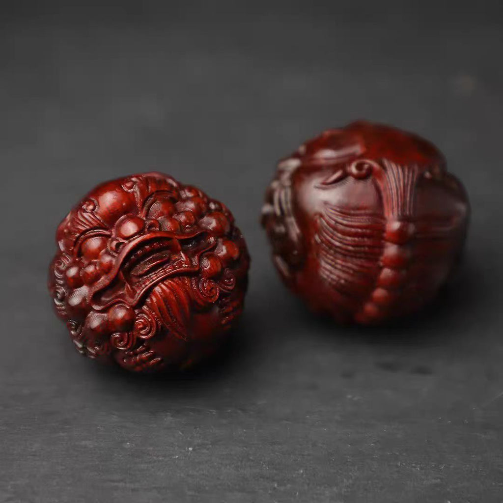 Red Sandalwood Hand Massage Health Balls - Pixiu Carved Wooden Stress & Acupressure Therapy Balls (Pair)