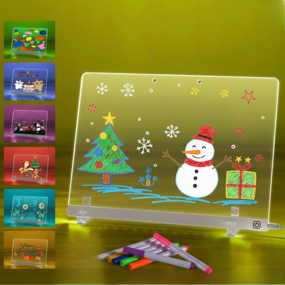 Reusable LED Acrylic Drawing Board for Kids - Touch-Control Light-Up Writing Tablet with 7 Colored Pens, Creative Educational Art Board