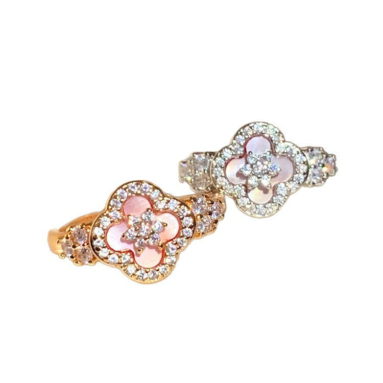 Pink Mother-of-Pearl Petal Ring - Adjustable Floral Open Ring in Silver or Rose Gold, Light Luxury Fairy Style