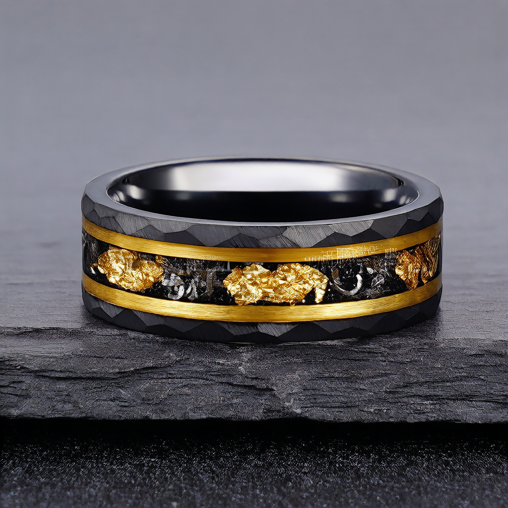 Mens Tungsten Wedding Band Hammered Black Ring with Gold Foil Inlay - Scratch-Resistant Tungsten Steel Ring (4mm?8mm)