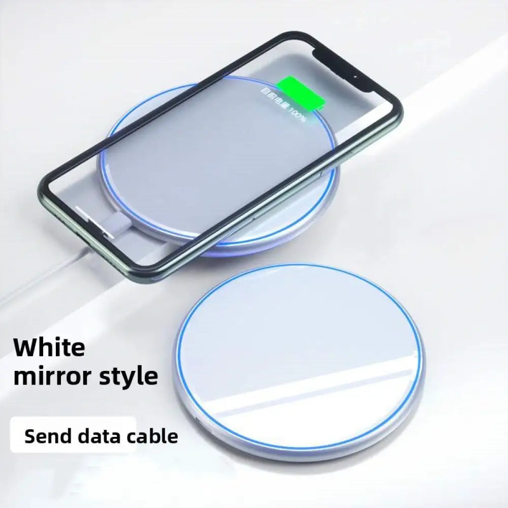 15W Qi Wireless Charger - Ultra-Thin Metal Fast Charging Pad with USB-C for iPhone & Android - White Mirror 10W