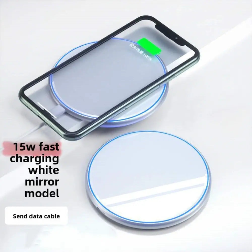15W Qi Wireless Charger - Ultra-Thin Metal Fast Charging Pad with USB-C for iPhone & Android - White Mirror 15W Fast