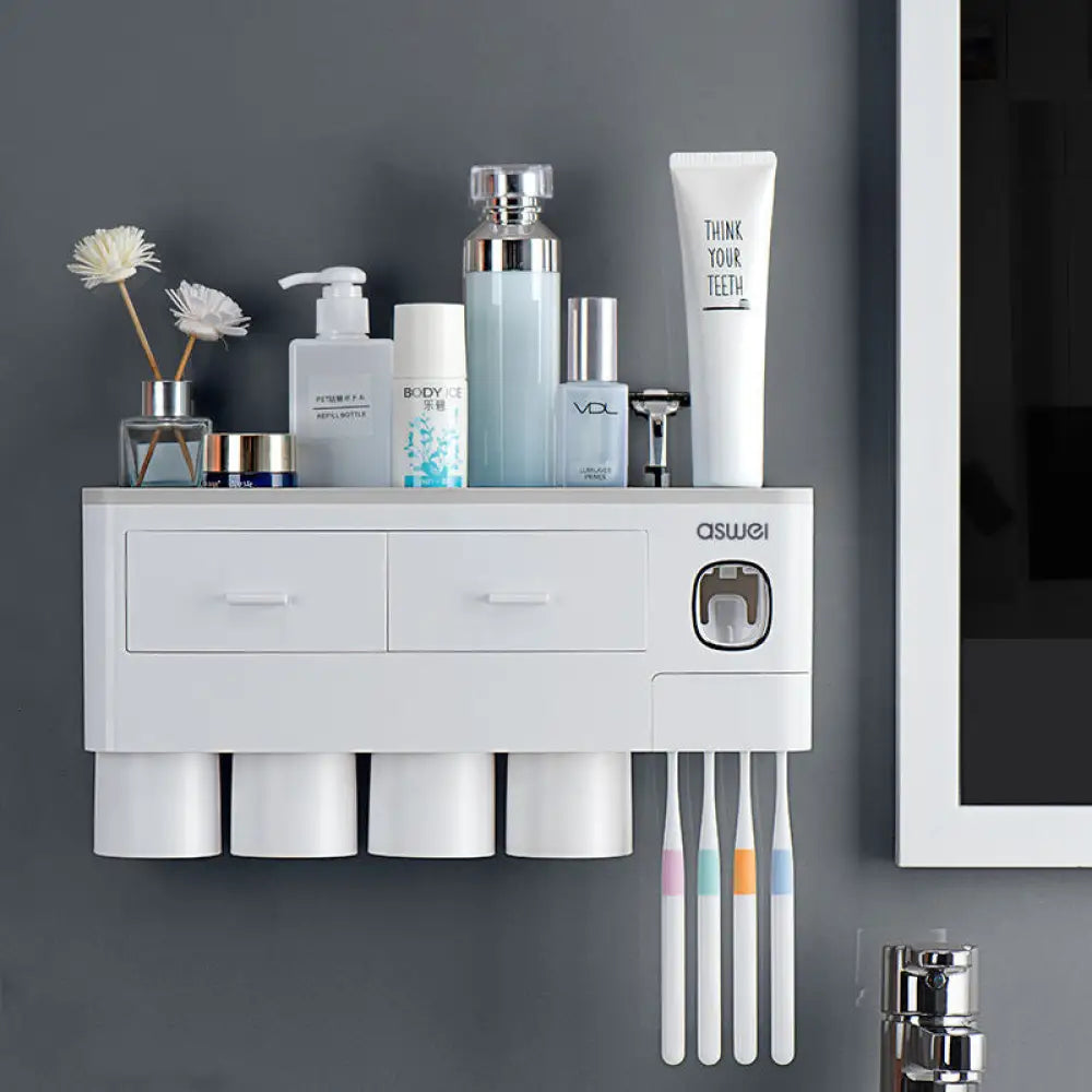 Magnetic Wall-Mounted Toothbrush Holder with Toothpaste Squeezer - Home Decor