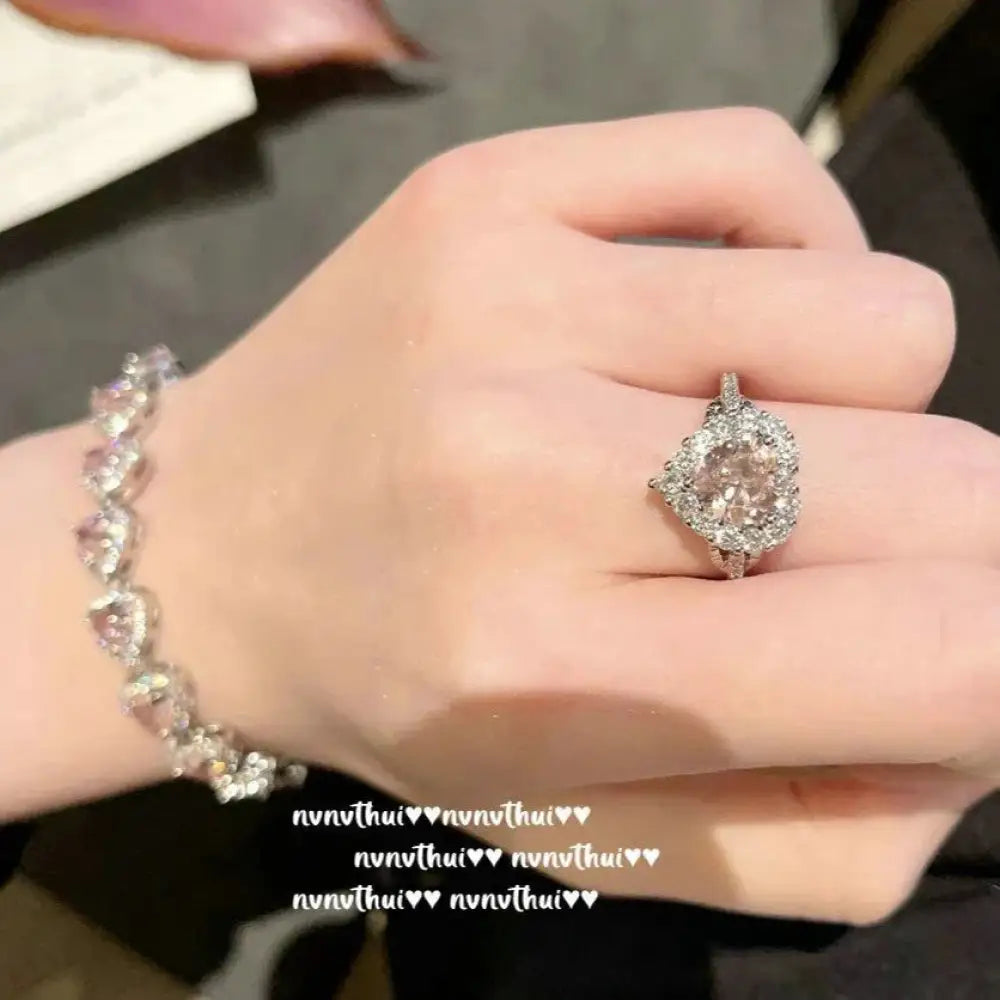 18K Gold Plated Pink Heart Zircon Jewelry Set - Adjustable Bracelet, Necklace, Ring & Earrings Palace Style Set - The Frugal Fox