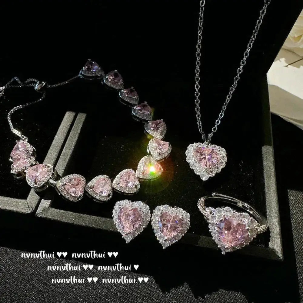 18K Gold Plated Pink Heart Zircon Jewelry Set - Adjustable Bracelet, Necklace, Ring & Earrings Palace Style Set - The Frugal Fox