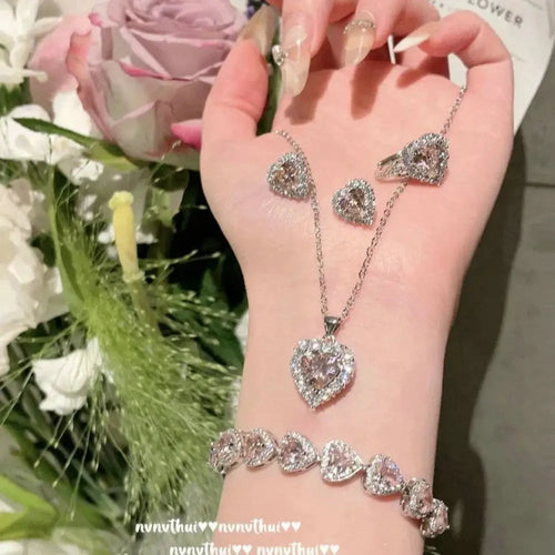 18K Gold Plated Pink Heart Zircon Jewelry Set - Adjustable Bracelet, Necklace, Ring & Earrings Palace Style Set - The Frugal Fox