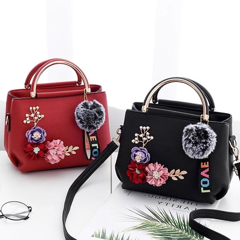 Floral Embroidered PU Shoulder Bag Foldable Medium Handbag