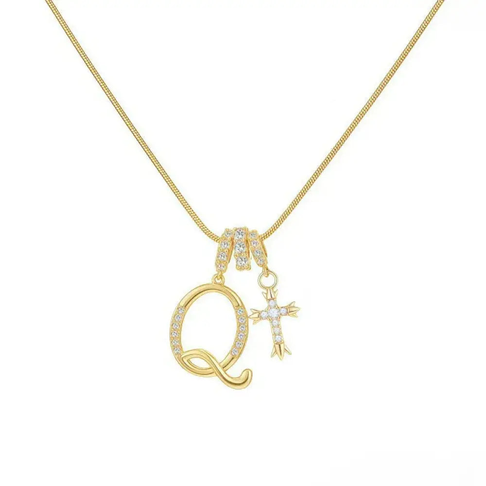 22K Gold Plated Alphabet Letter Necklace - Unisex Geometric Initial Pendant with Stainless Steel Bamboo Chain, Personalized A?Z & Cross Design - The Frugal Fox
