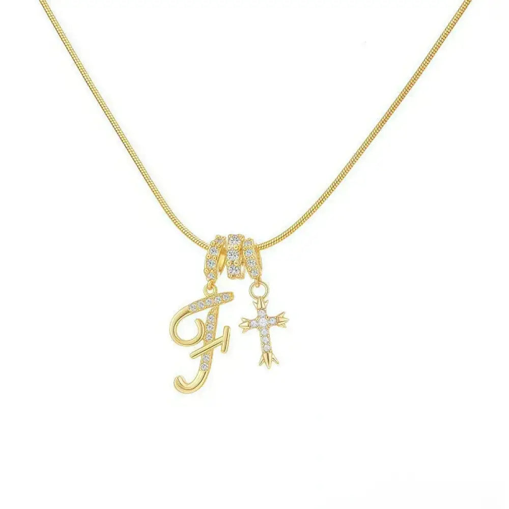 22K Gold Plated Alphabet Letter Necklace - Unisex Geometric Initial Pendant with Stainless Steel Bamboo Chain, Personalized A?Z & Cross Design - The Frugal Fox