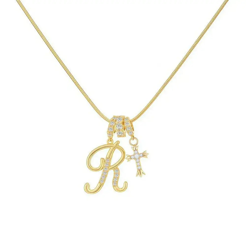 22K Gold Plated Alphabet Letter Necklace - Unisex Geometric Initial Pendant with Stainless Steel Bamboo Chain, Personalized A?Z & Cross Design - The Frugal Fox