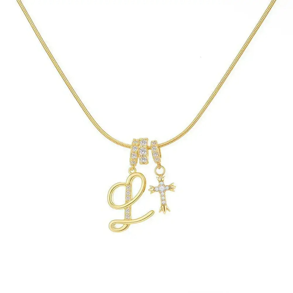 22K Gold Plated Alphabet Letter Necklace - Unisex Geometric Initial Pendant with Stainless Steel Bamboo Chain, Personalized A?Z & Cross Design - The Frugal Fox