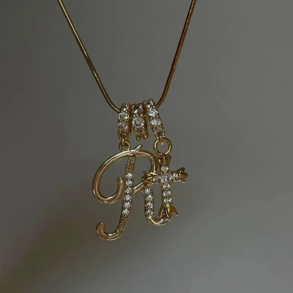 22K Gold Plated Alphabet Letter Necklace - Unisex Geometric Initial Pendant with Stainless Steel Bamboo Chain, Personalized A?Z & Cross Design - The Frugal Fox