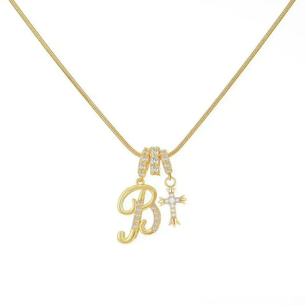 22K Gold Plated Alphabet Letter Necklace - Unisex Geometric Initial Pendant with Stainless Steel Bamboo Chain, Personalized A?Z & Cross Design - The Frugal Fox