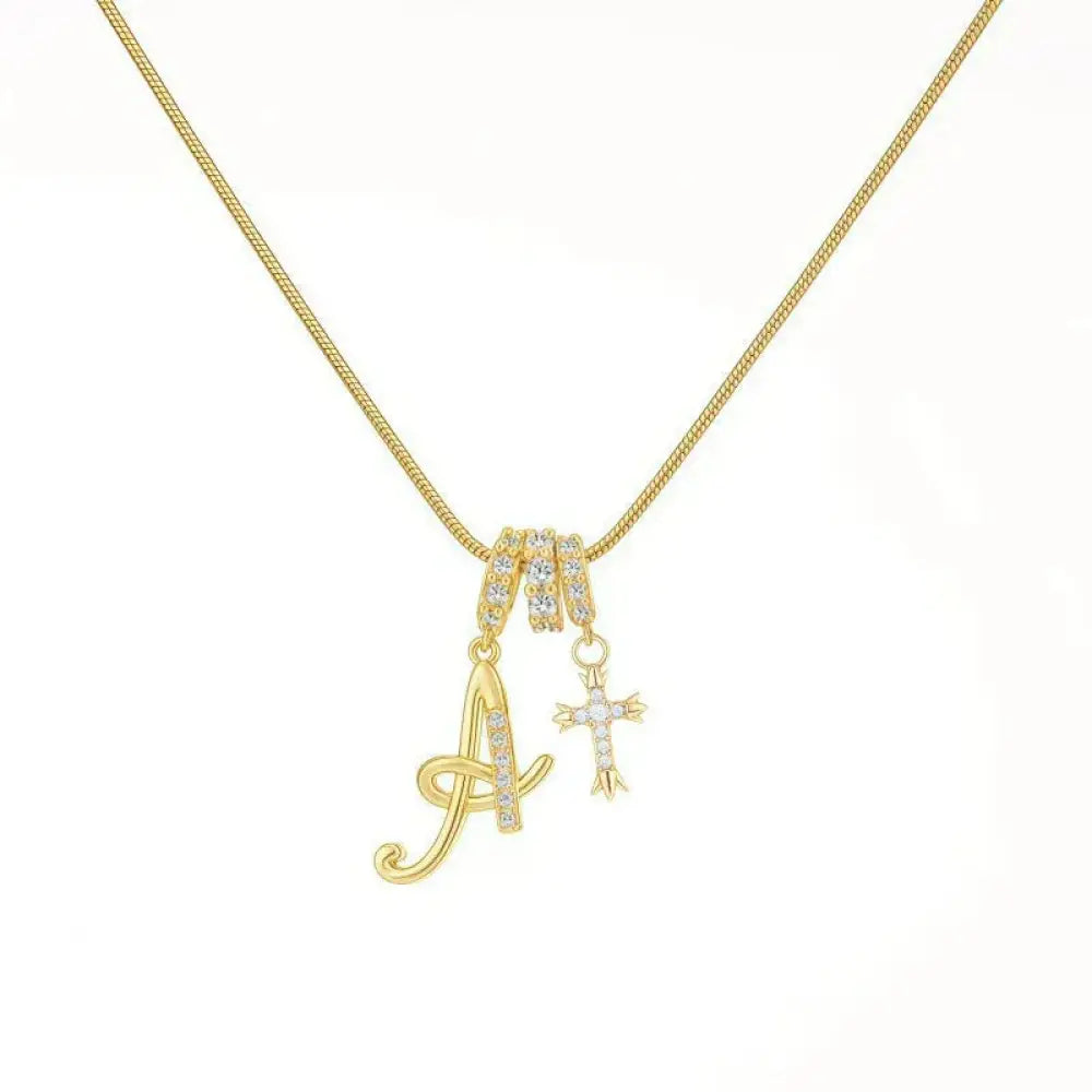 22K Gold Plated Alphabet Letter Necklace - Unisex Geometric Initial Pendant with Stainless Steel Bamboo Chain, Personalized A?Z & Cross Design - The Frugal Fox