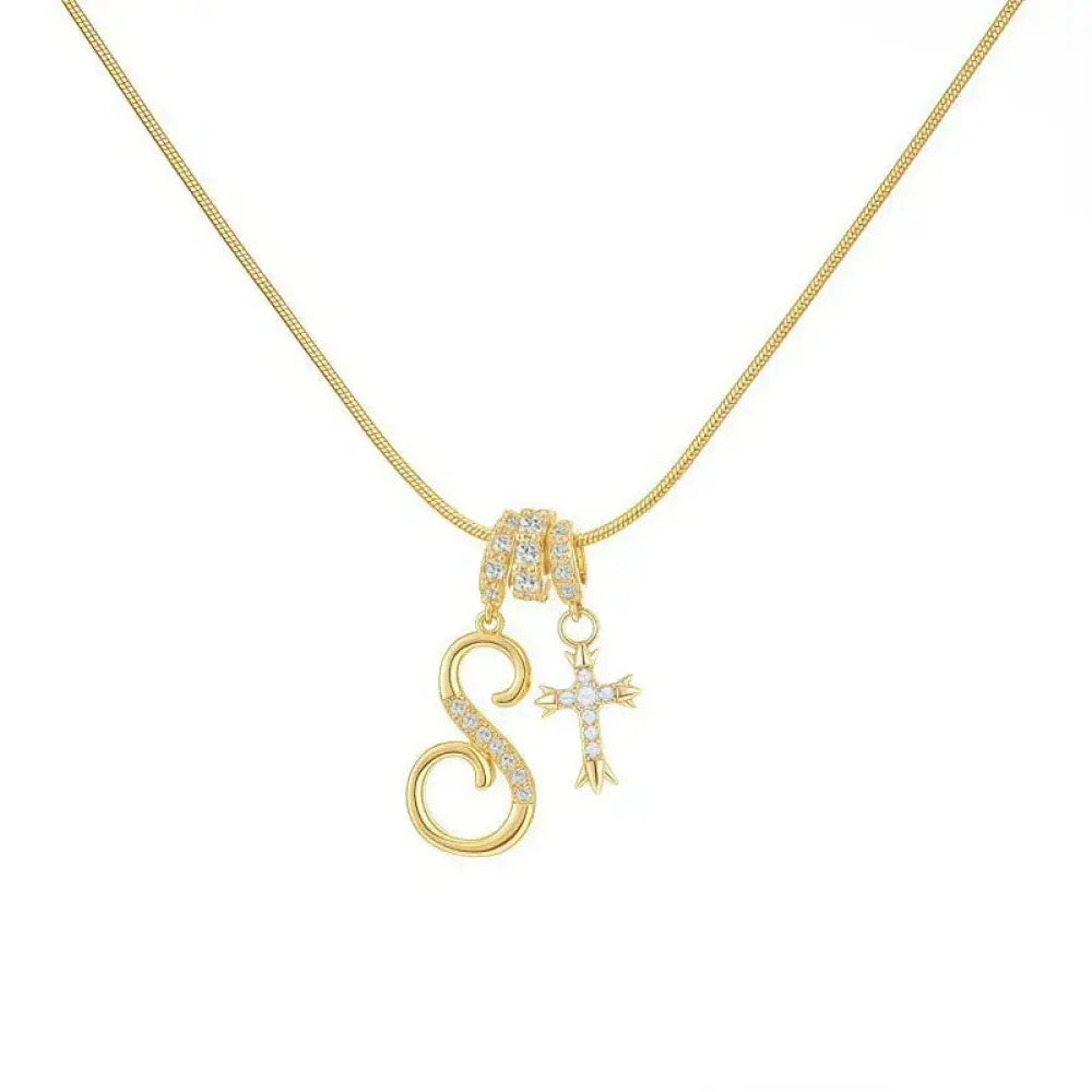 22K Gold Plated Alphabet Letter Necklace - Unisex Geometric Initial Pendant with Stainless Steel Bamboo Chain, Personalized A?Z & Cross Design - The Frugal Fox