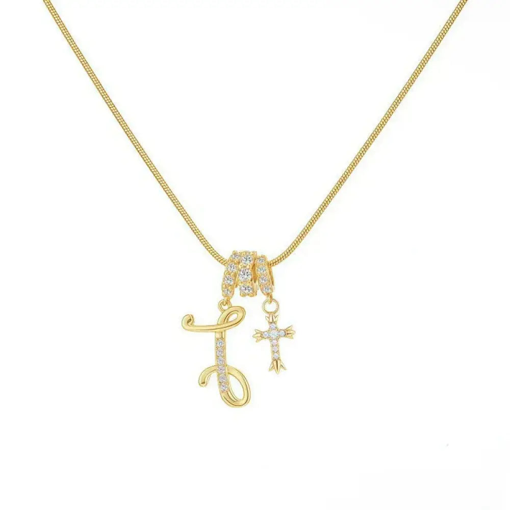 22K Gold Plated Alphabet Letter Necklace - Unisex Geometric Initial Pendant with Stainless Steel Bamboo Chain, Personalized A?Z & Cross Design - The Frugal Fox