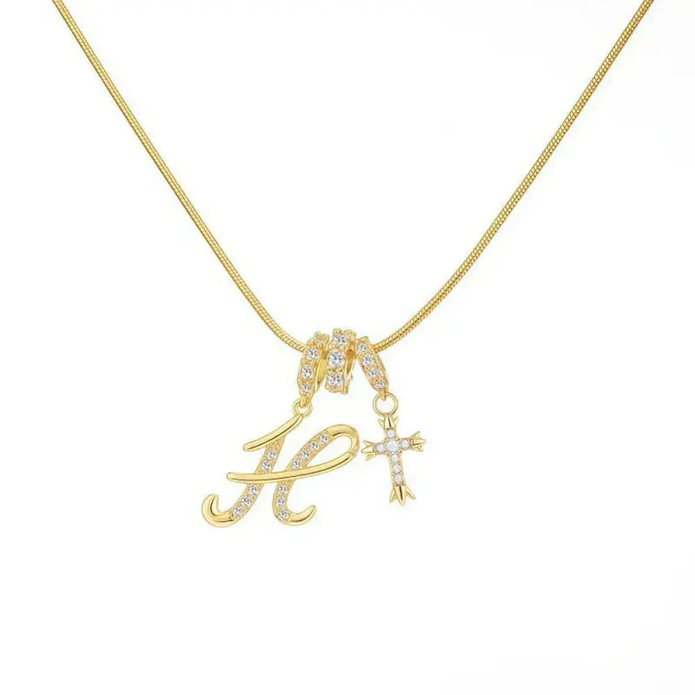 22K Gold Plated Alphabet Letter Necklace - Unisex Geometric Initial Pendant with Stainless Steel Bamboo Chain, Personalized A?Z & Cross Design - The Frugal Fox