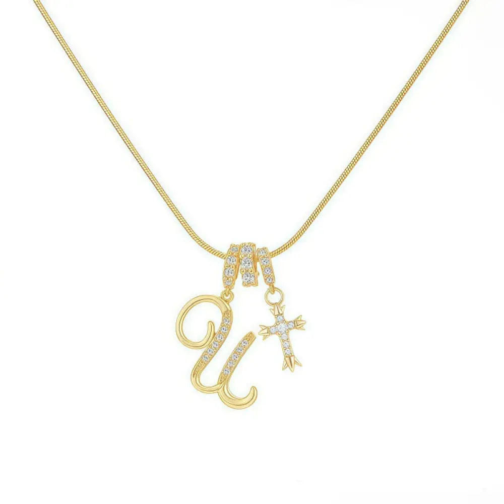 22K Gold Plated Alphabet Letter Necklace - Unisex Geometric Initial Pendant with Stainless Steel Bamboo Chain