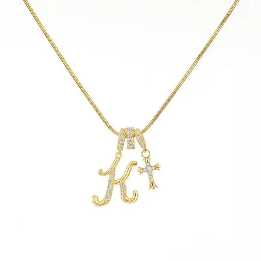 22K Gold Plated Alphabet Letter Necklace - Unisex Geometric Initial Pendant with Stainless Steel Bamboo Chain, Personalized A?Z & Cross Design - The Frugal Fox