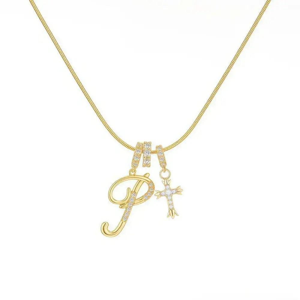 22K Gold Plated Alphabet Letter Necklace - Unisex Geometric Initial Pendant with Stainless Steel Bamboo Chain, Personalized A?Z & Cross Design - The Frugal Fox