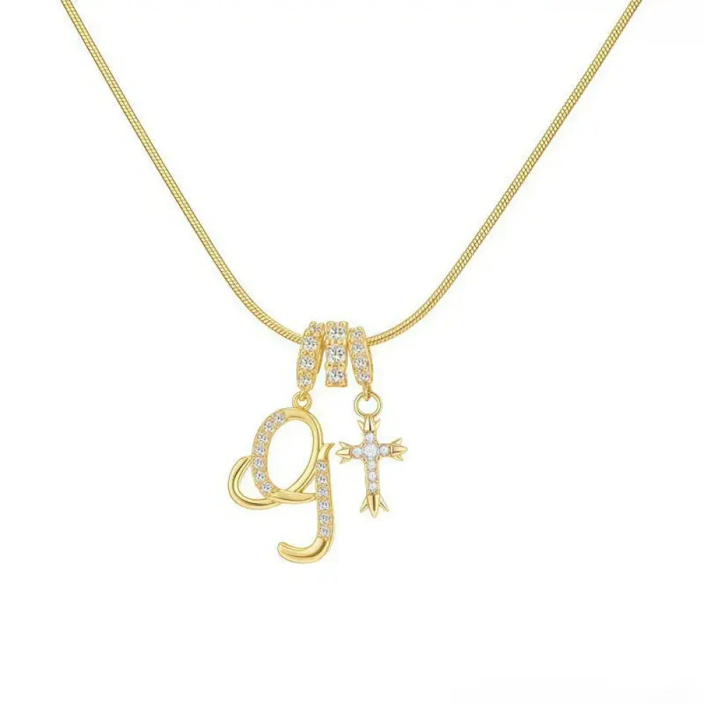 22K Gold Plated Alphabet Letter Necklace - Unisex Geometric Initial Pendant with Stainless Steel Bamboo Chain, Personalized A?Z & Cross Design - The Frugal Fox