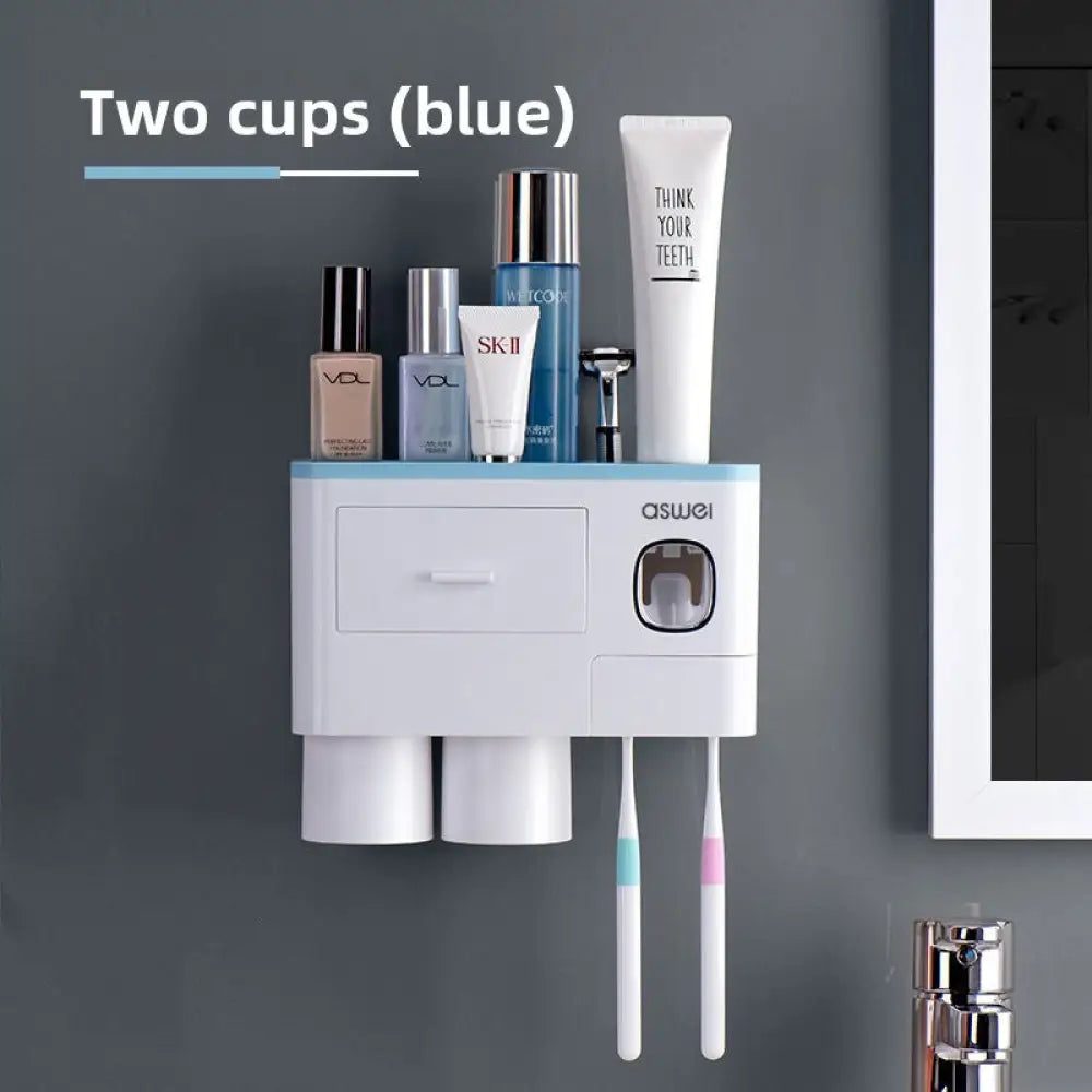 Magnetic Wall-Mounted Toothbrush Holder with Toothpaste Squeezer - BlueCouple 2 cups - Home Decor