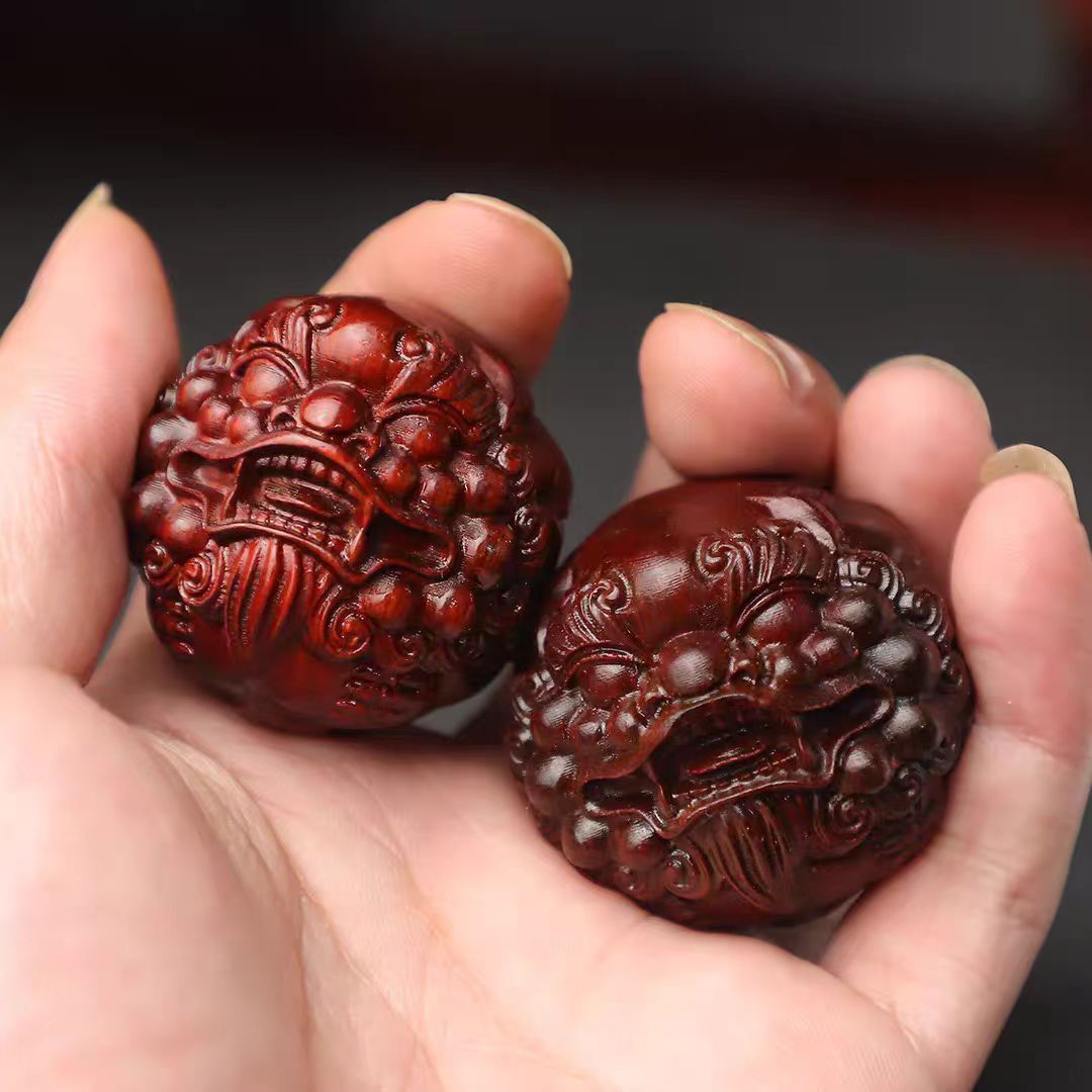 Red Sandalwood Hand Massage Health Balls - Pixiu Carved Wooden Stress & Acupressure Therapy Balls (Pair)
