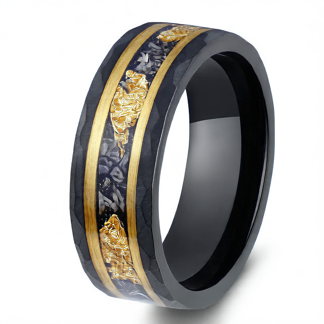 Mens Tungsten Wedding Band Hammered Black Ring with Gold Foil Inlay - Scratch-Resistant Tungsten Steel Ring (4mm?8mm)
