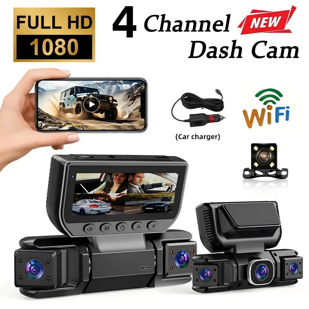 1080P WiFi Car Dash Camera with Four Lenses & Night Vision - Wide Angle Loop Recording Dash Cam