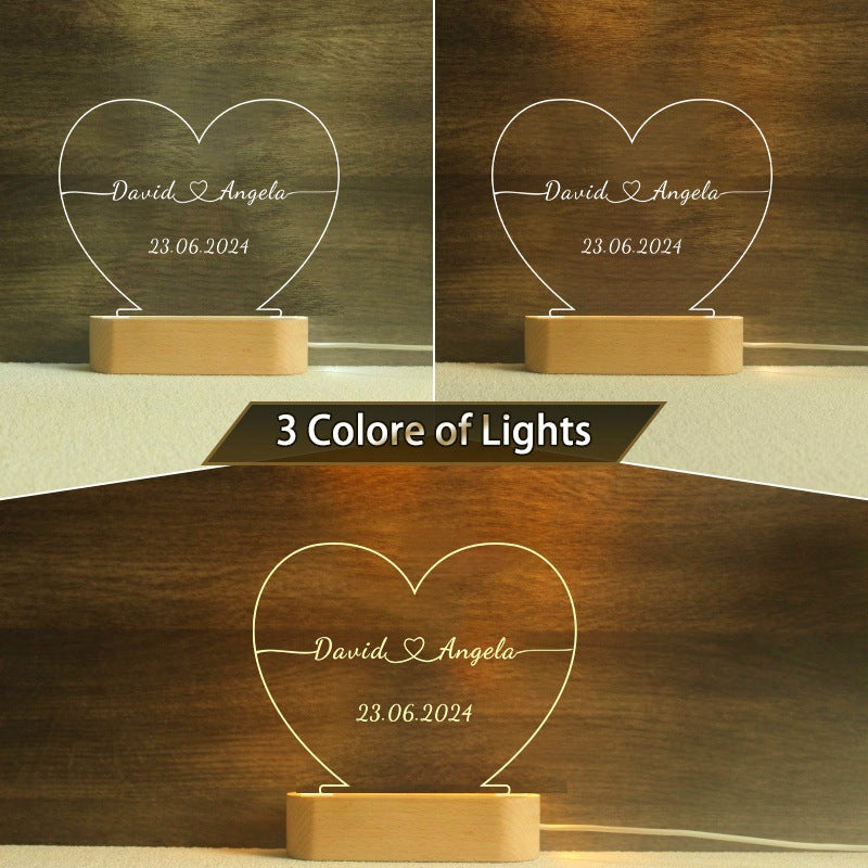 Heart-Shaped LED Night Light with Acrylic Panel and Wooden Base