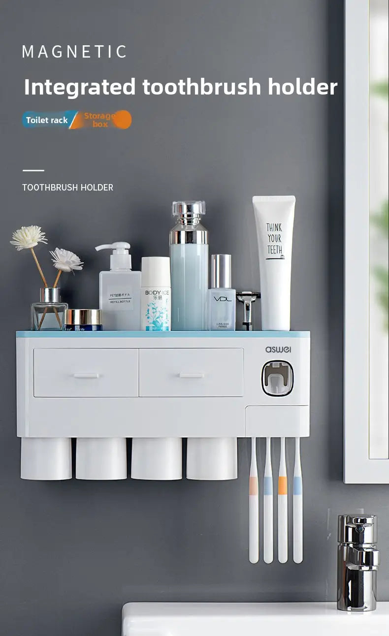 Magnetic Wall-Mounted Toothbrush Holder with Toothpaste Squeezer
