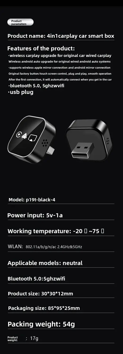 Wireless CarPlay & Android Auto Adapter 1080P USB Plug & Play Converter for iOS & Android