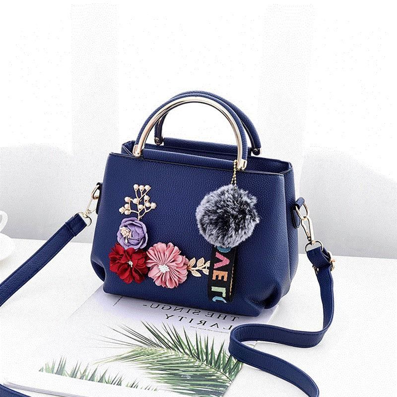 Floral Embroidered PU Shoulder Bag Foldable Medium Handbag