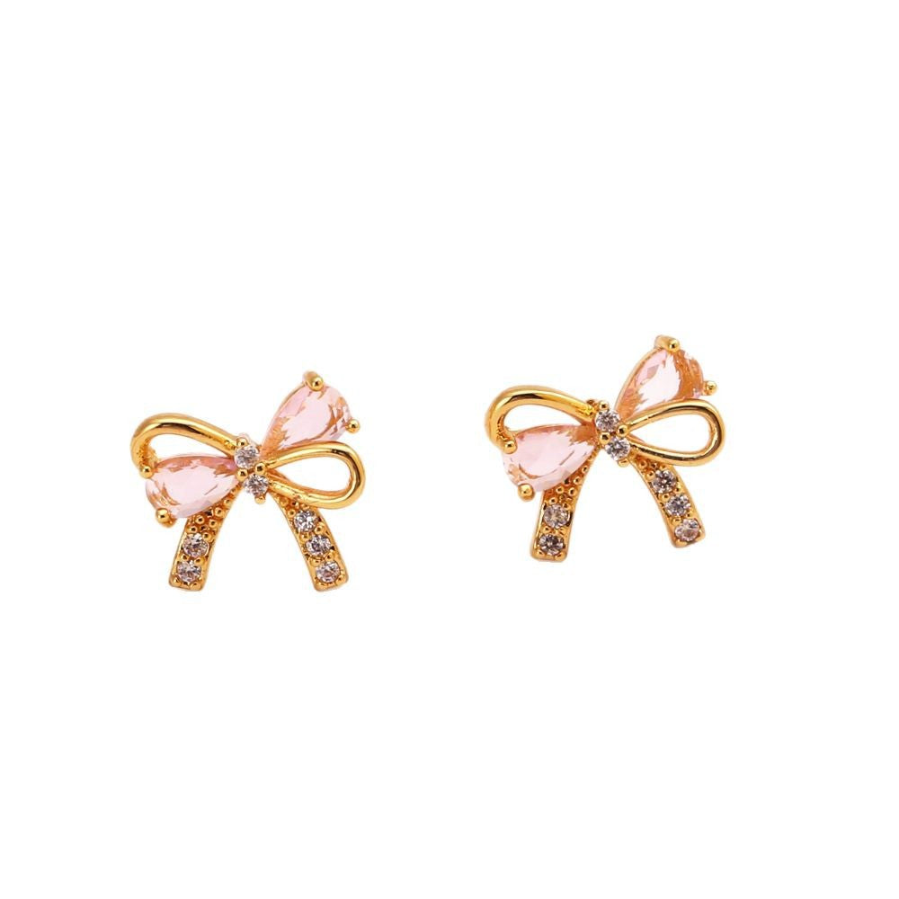 18K Gold Plated Pink Zircon Bow Earrings - Trendy INS Fashion Lightweight Studs for Women