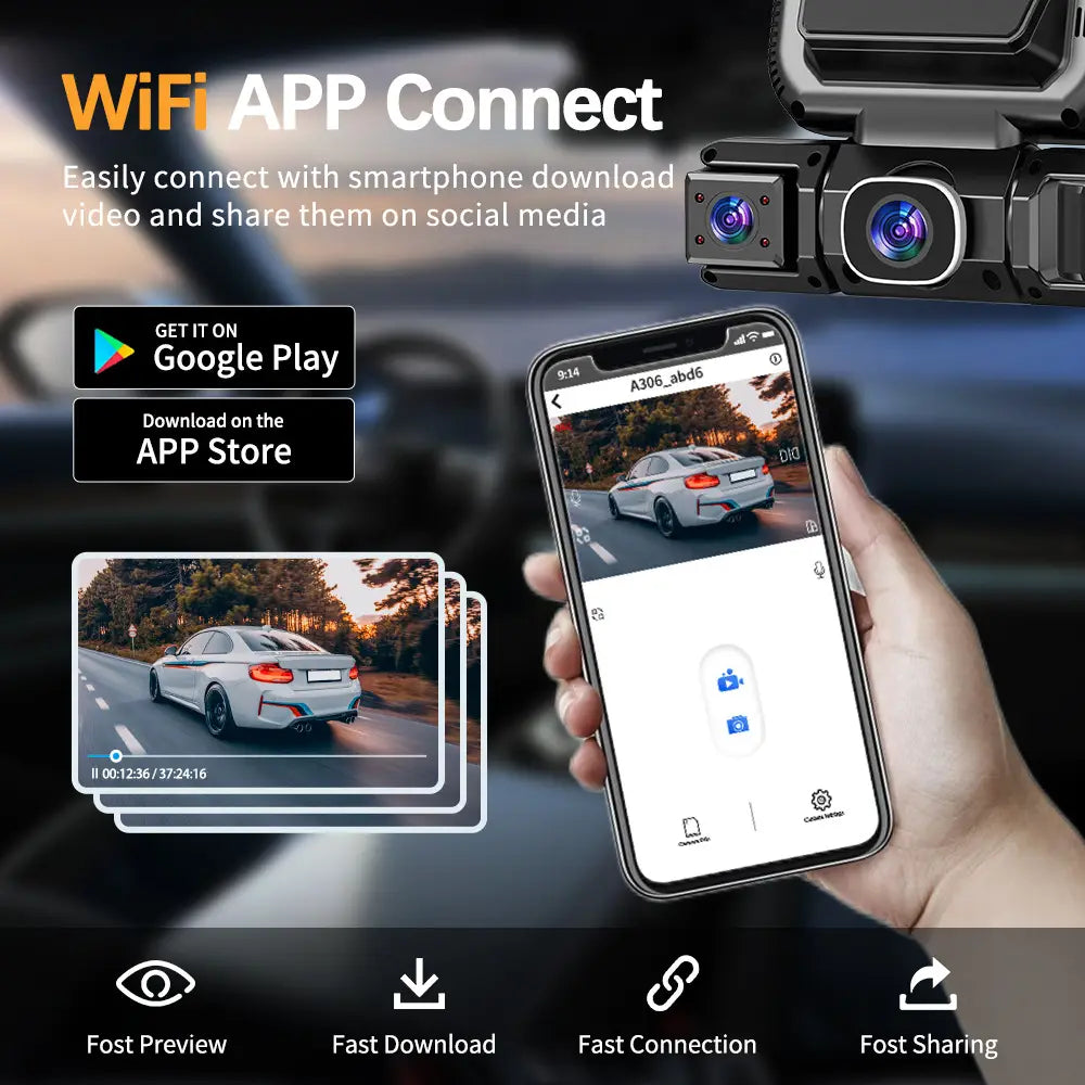 1080P WiFi Car Dash Camera with Four Lenses & Night Vision - Wide Angle Loop Recording Dash Cam