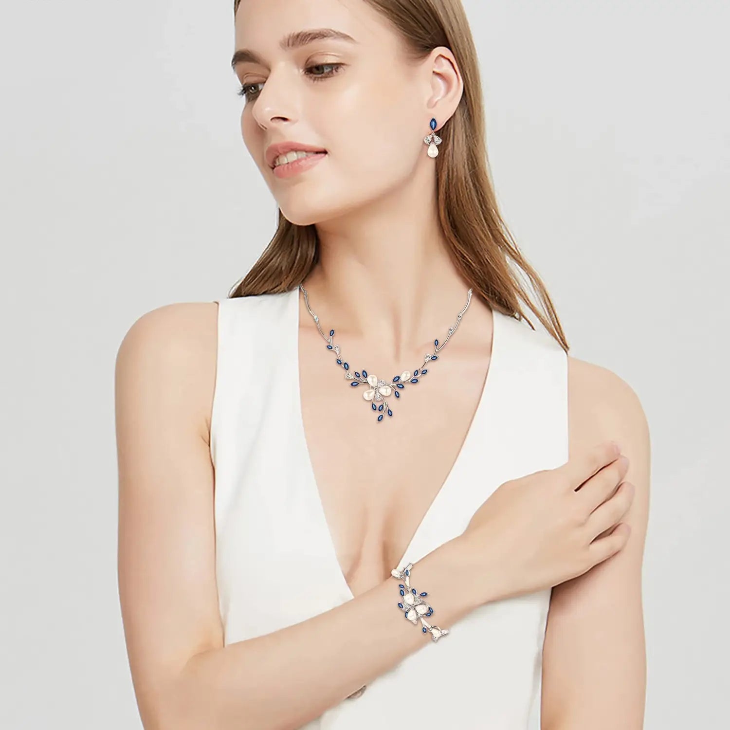 Silver Vine and Pearl Bridal Jewelry Set with Blue Stones