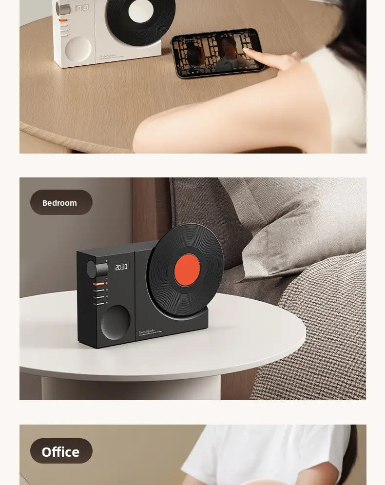 Retro Vinyl Clock Bluetooth Speaker (LK09) - Portable 5W Wireless Speaker with TF & AUX Support