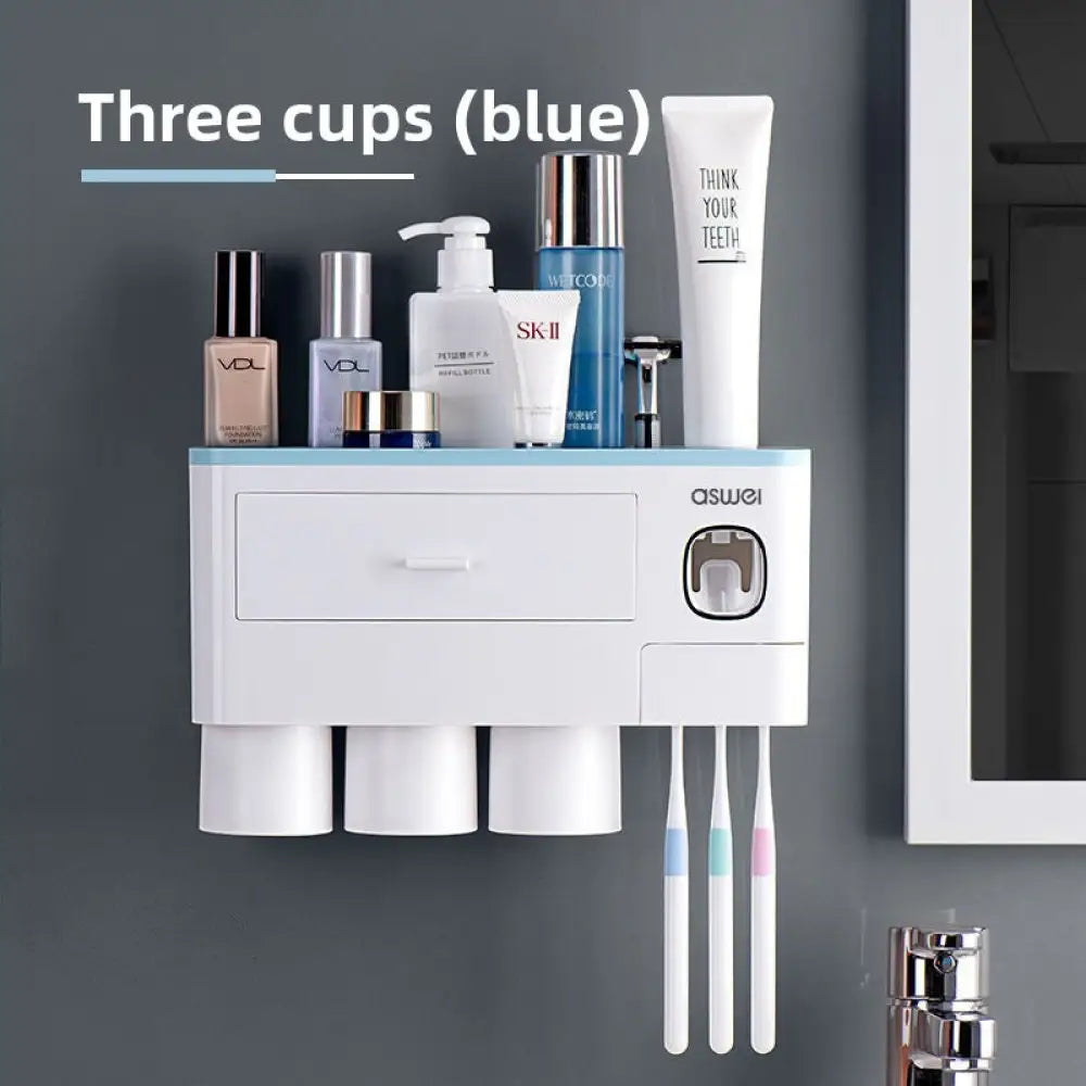 Magnetic Wall-Mounted Toothbrush Holder with Toothpaste Squeezer - Blue3 cups - Home Decor