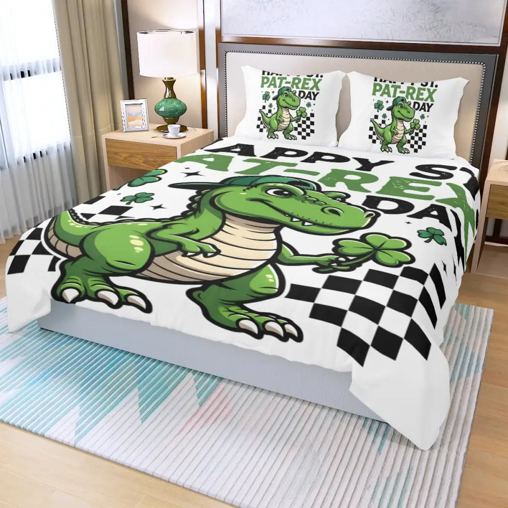 St. Patricks Day Dinosaur Duvet Cover Set with Zipper Closure - St. Patrick’s Day