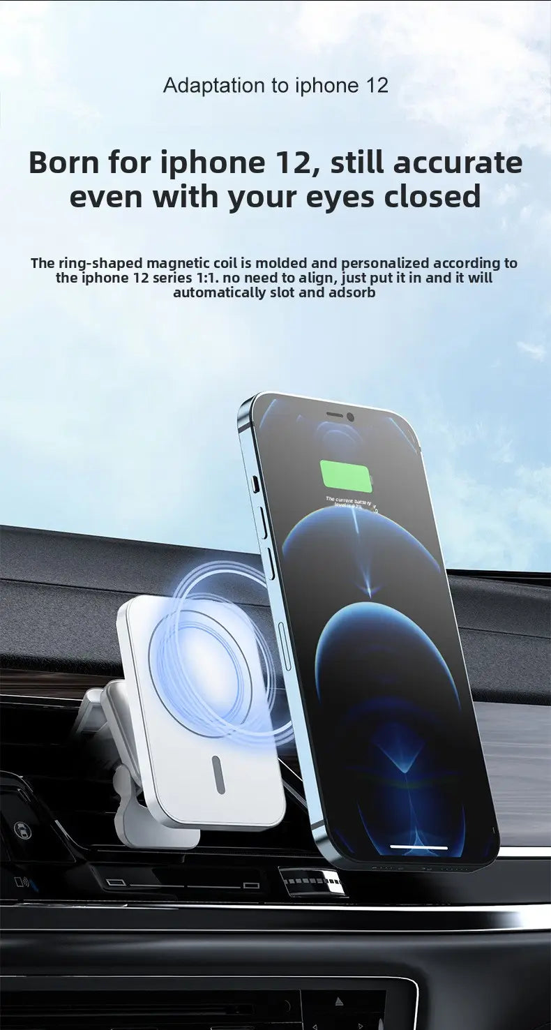 15W Magnetic Wireless Car Charger Mount - Fast MagSafe Charging USB-C Adjustable Phone Holder for iPhone