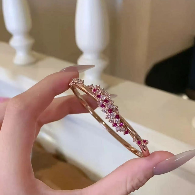 Rose Gold Floral Bracelet with Zircon & Artificial Diamonds - Pink and White Peach Blossom Light Luxury Bracelet