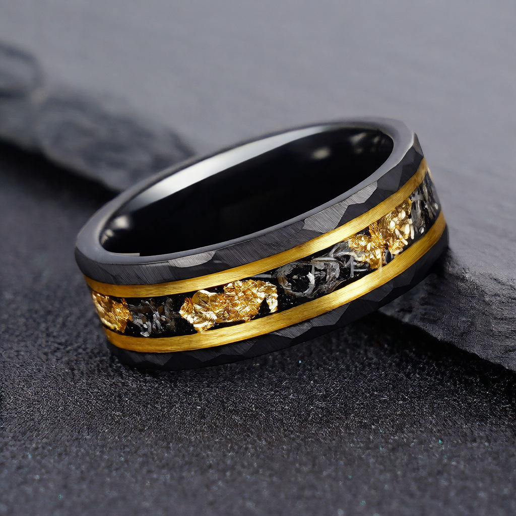 Mens Tungsten Wedding Band Hammered Black Ring with Gold Foil Inlay - Scratch-Resistant Tungsten Steel Ring (4mm?8mm)