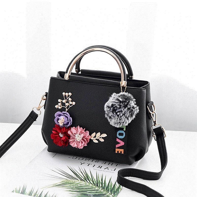 Floral Embroidered PU Shoulder Bag Foldable Medium Handbag