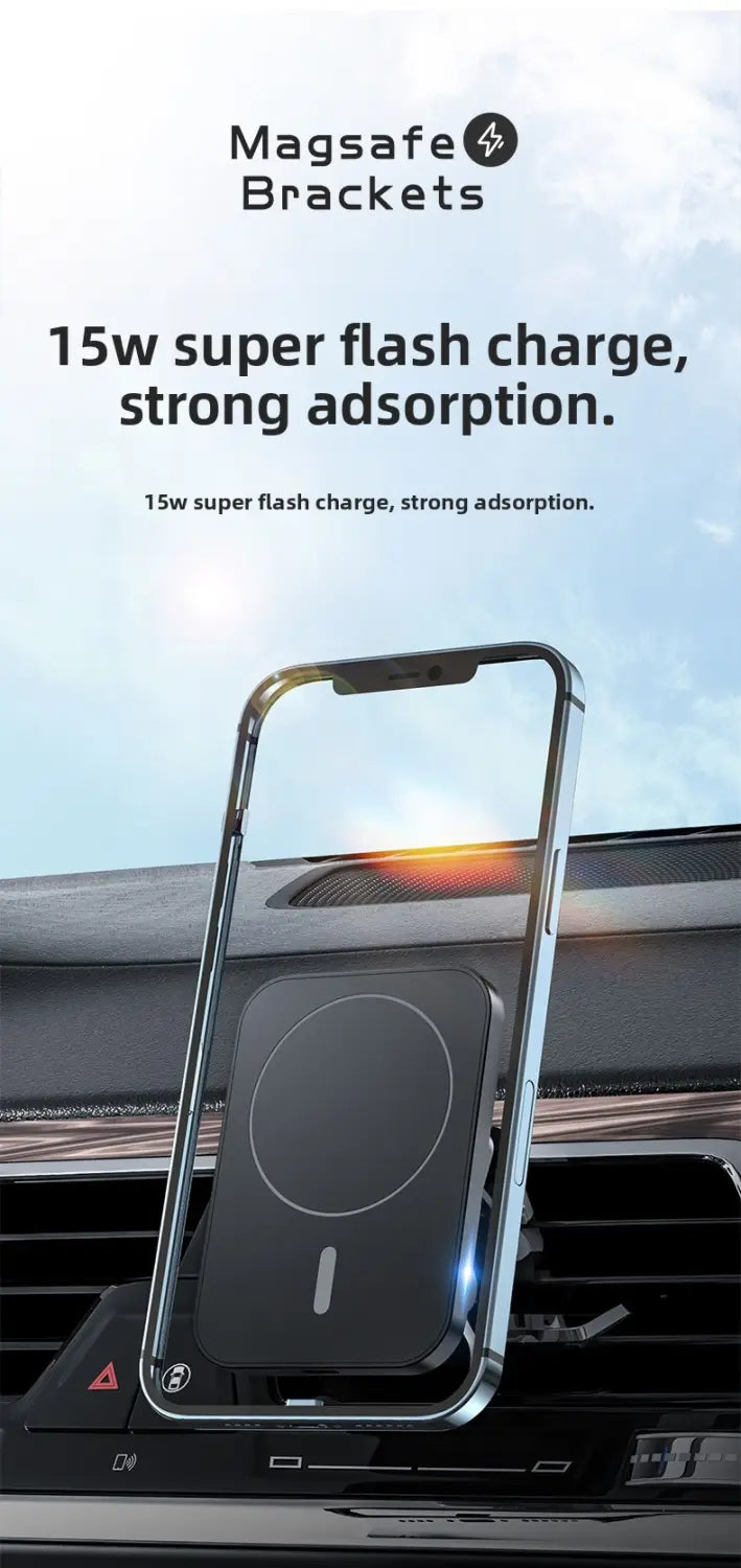 15W Magnetic Wireless Car Charger Mount - Fast MagSafe Charging USB-C Adjustable Phone Holder for iPhone