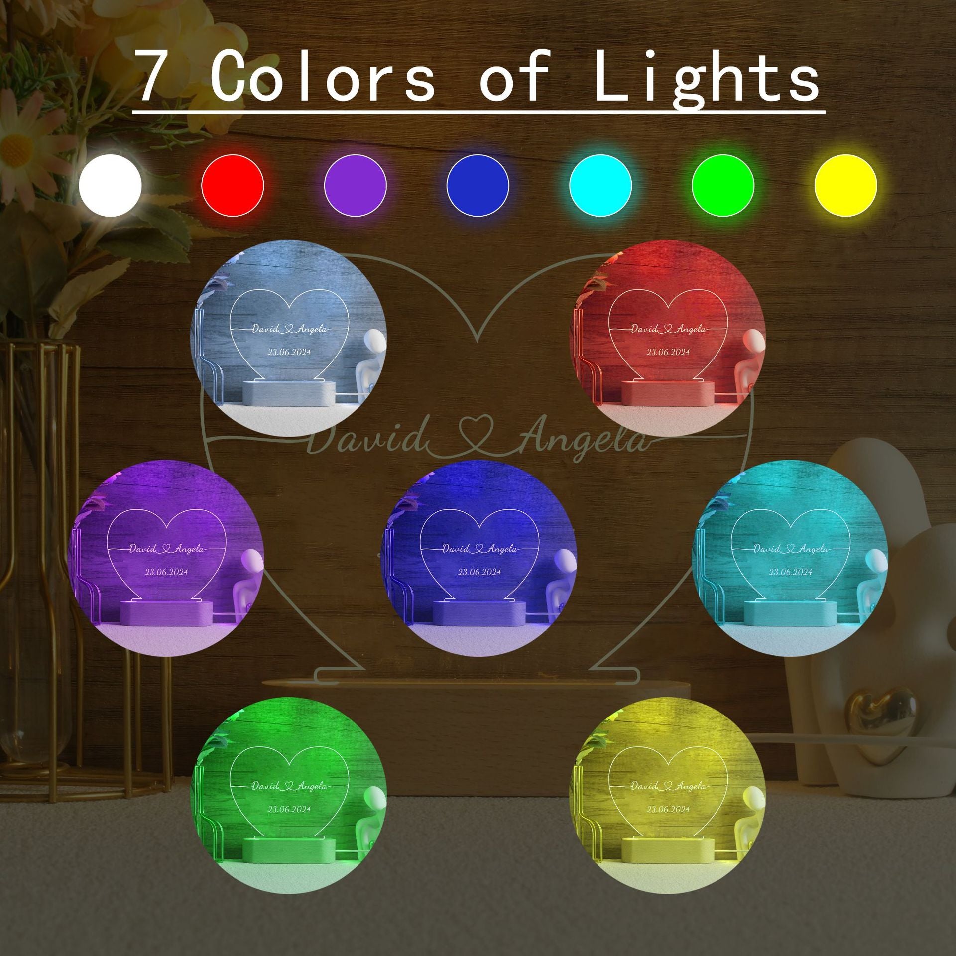 Heart-Shaped LED Night Light with Acrylic Panel and Wooden Base